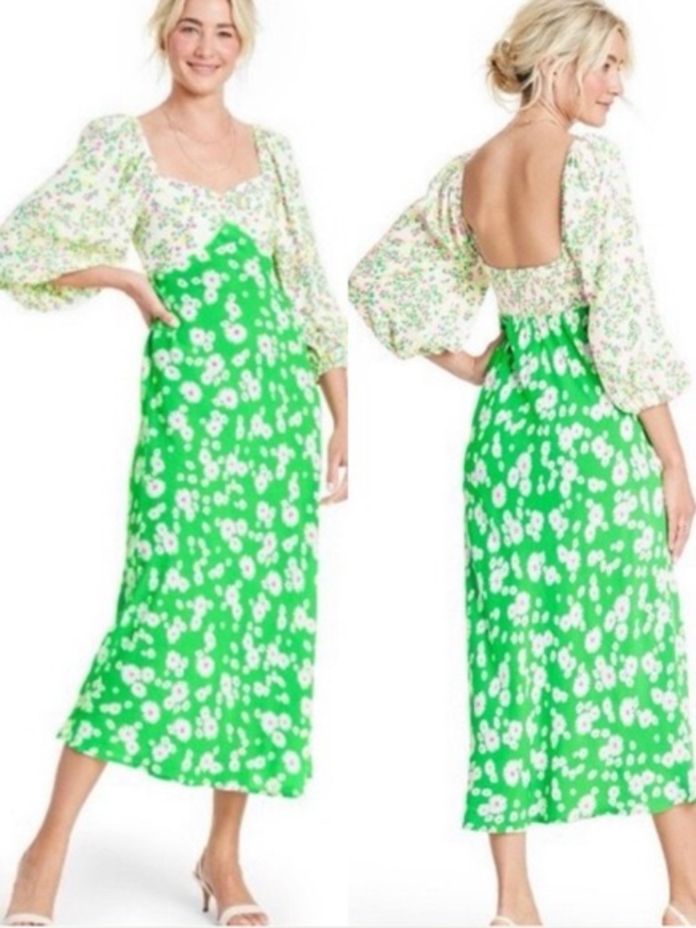 NWT Rixo Floral Square-Neck Green Midi Dress